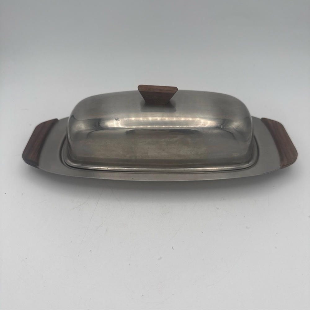 VTG MCM Monarch Mark III 18-8 Stainless Steel Butter Dish Wood Handles Japan